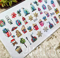 Слайдер дизайн для ногтей На водной основе Новый год Зимняя тема Елки Снеговик Снежинки