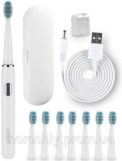 Електрична звукова зубна щітка для дорослих Змінні насадки 8 шт + 4 Режиму + Кейс для зберігання Біла Seago