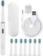 Электрическая звуковая зубная щетка для взрослых Сменные насадки 8 шт + 4 Режима + Кейс для хранения Белая