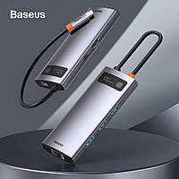 USB-C Хаб BASEUS 6в1 Metal Type-C HUB (3xUSB3.0 + HDMI 4K + RJ45 + Type-C) серый