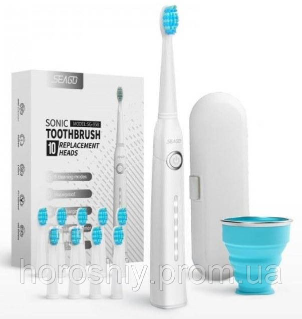 Електрична зубна щітка для дорослих звукова зі змінними насадками10 шт + 5 Режимов + Кейс для зберігання Seago Біла