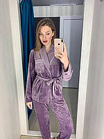 Женская пижама велюр плюш жакет с поясом и штанами Костюм для дома и отдыха XS S XL Лиловый