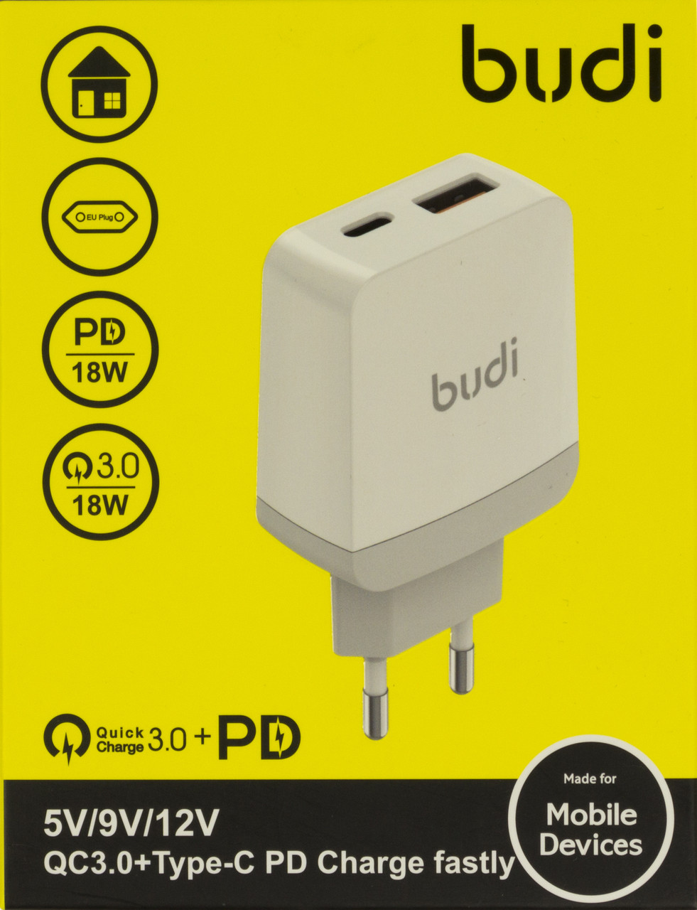 Зарядний пристрій Budi USB/Type C 18W QC3.0 №AC940VEW white/Breidon/