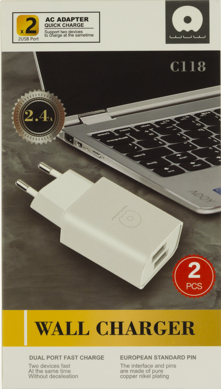 Зарядний пристрій WUW №C118 2шт, USB 2.4A white/Breidon/