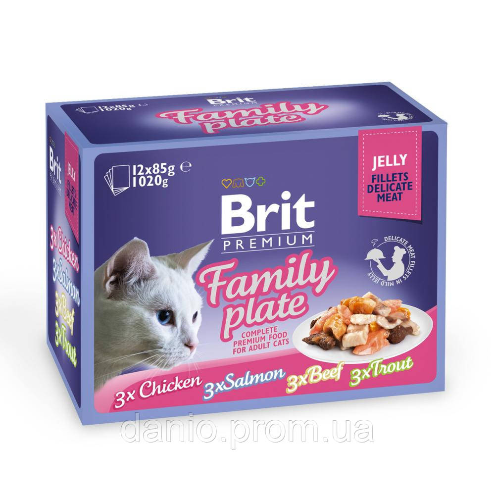 Вологий корм для кішок Brit Premium Cat Family Plate Jelly 12х85 р, асорті з 4 смаків