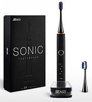 Портативная электрическая зубная щетка звуковая для взрослых 2 сменные насадки 6 Режимов Черная Seago Sonic