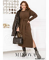 Люксовое длинное платье коричневого цвета ангоровое в рубчик, больших размеров от 46 до 68