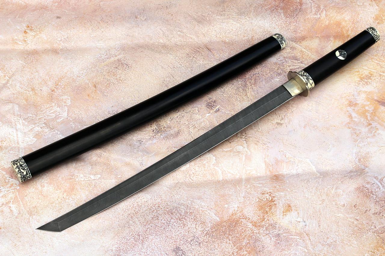Короткий японський меч ручної роботи "Вахідзасі" з дамаської сталі з бівнем моржа, 630 мм