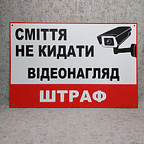 Забороняюча табличка "Сміття не кидати. Відеонагляд. Штраф"