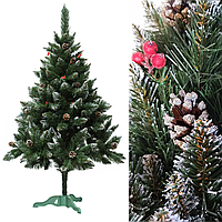 Ялинка 1,3 м з білим напиленням на кінчиках з шишками та червоними ягодами, новорічна штучна ялинка