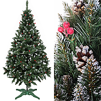 Новорічна ялина 2 м із білим напиленням на кінчиках із шишками та червоними ягодами
