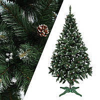 Ялинка зелена 2 м європейська білі кінчики з шишками та срібними ягодами, штучна новорічна ялинка