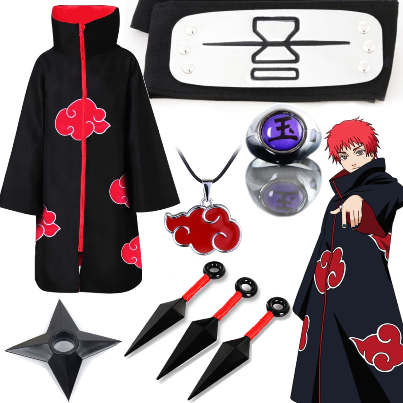 Набір Сасорі Червоного Піску (Акацукі): Плащ + Пов'язка + Кільце + Кулон + Кунаї + Сюрікен, фото 1