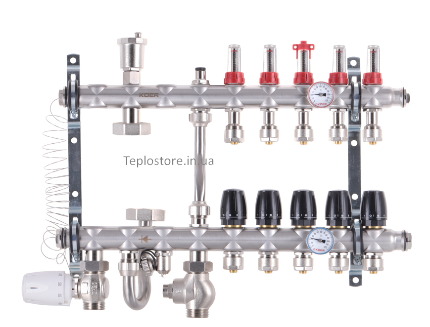 Колектор Koer KR.S1012-02 з вбудованим змішувальним вузлом 1"х5 SUS304 і евроконусами 3/4-16 з нержавіючої