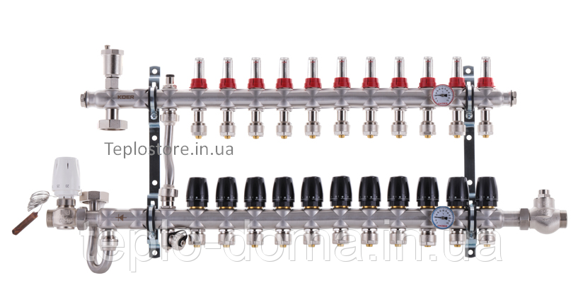 Колектор Koer KR.S1011-11 з вбудованим змішувальним вузлом 1"х11 SUS304 і евроконусами 3/4-16