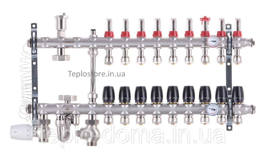 Колектор Koer KR.S1012-09 з вбудованим змішувальним вузлом 1"х9 SUS304 і евроконусами 3/4-16 з нержавіючої