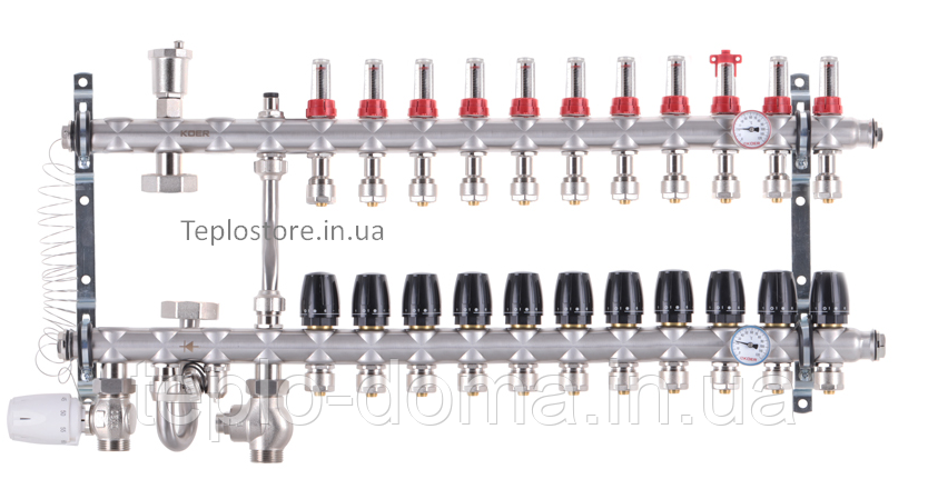 Колектор Koer KR.S1012-11 з вбудованим змішувальним вузлом 1"х11 SUS304 і евроконусами 3/4-16 з нержавіючої