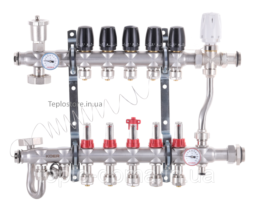Колектор Koer KR.S1013-05 з вбудованим змішувальним вузлом 1"х5 SUS304 і евроконусами 3/4-16 з