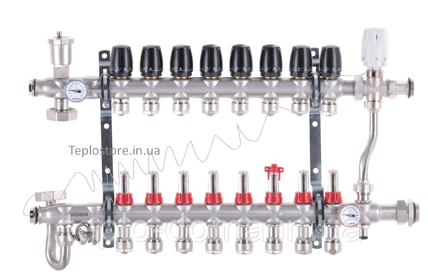 Колектор Koer KR.S1013-08 з вбудованим змішувальним вузлом 1"х8 SUS304 і евроконусами 3/4-16 з під