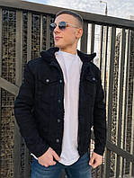Мужская черная короткая куртка джинсовка на меху без капюшона зима/весна/осень