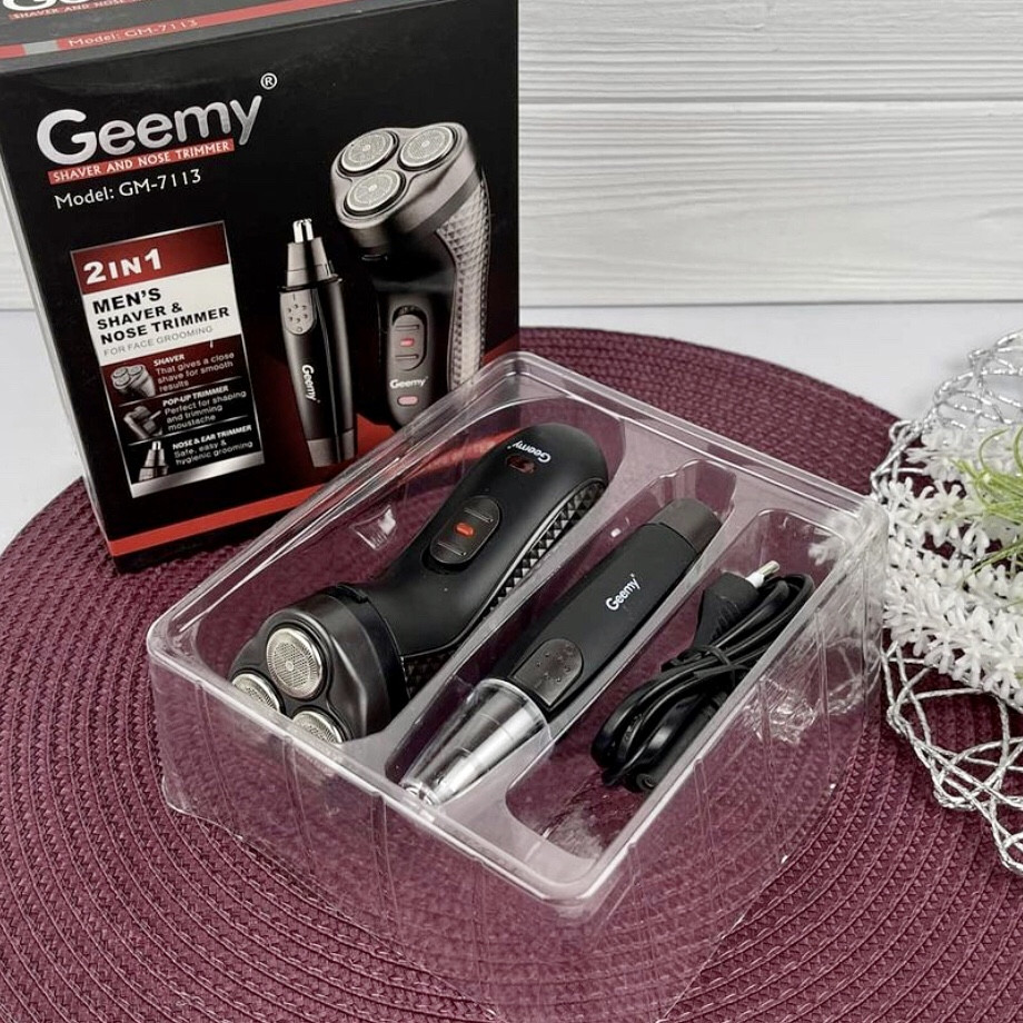 Чоловіча бритва електрична і тріммер Gemei GM-7113 Електробритва для чоловіків роторна 2в1 тример Чорний, фото 1