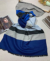 Теплый осенне-зимний шерстяной полосатый шарф унисекс 80х190 синий