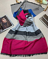 Теплый осенне-зимний шерстяной полосатый шарф унисекс 80х190 малиновый