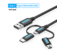 Кабель Vention 3в1 Type C+Micro+Mini USB 3А 1м.