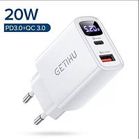 Зарядное устройство для телефона с быстрой зарядкой QC3.0, PD3.0 и индикацией GETIHU USB + Type-C 20W