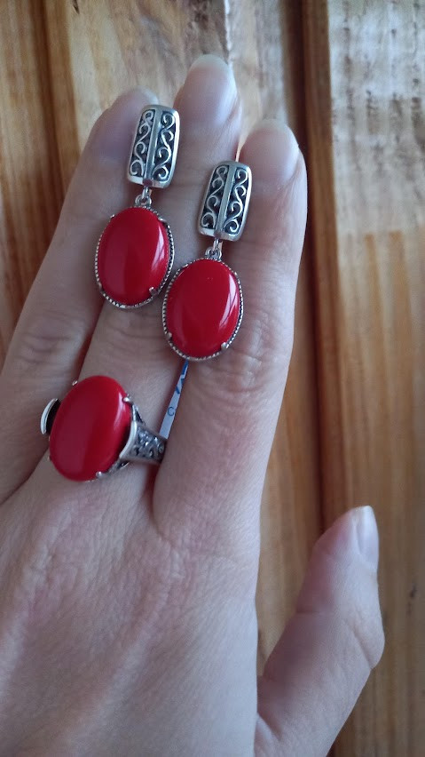 Срібний комплект із червоним коралом овальної форми, фото 1