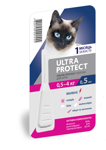 Ультра Протект Ultra Protect для кішок вагою 0,5-4 кг краплі від бліх та кліщів, 1 піпетка