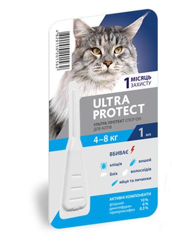 Ультра Протект Ultra Protect для кішок вагою 4-8 кг краплі від бліх та кліщів, 1 піпетка
