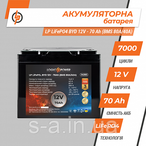 Акумулятор LP LiFePO4 BYD 12 V — 70 Ah (BMS 80A/40А) пластик, фото 1