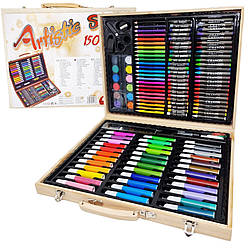 Художній набір для малювання 150 предметів у дерев'яній валізці фломастери олівці дрібні фарби