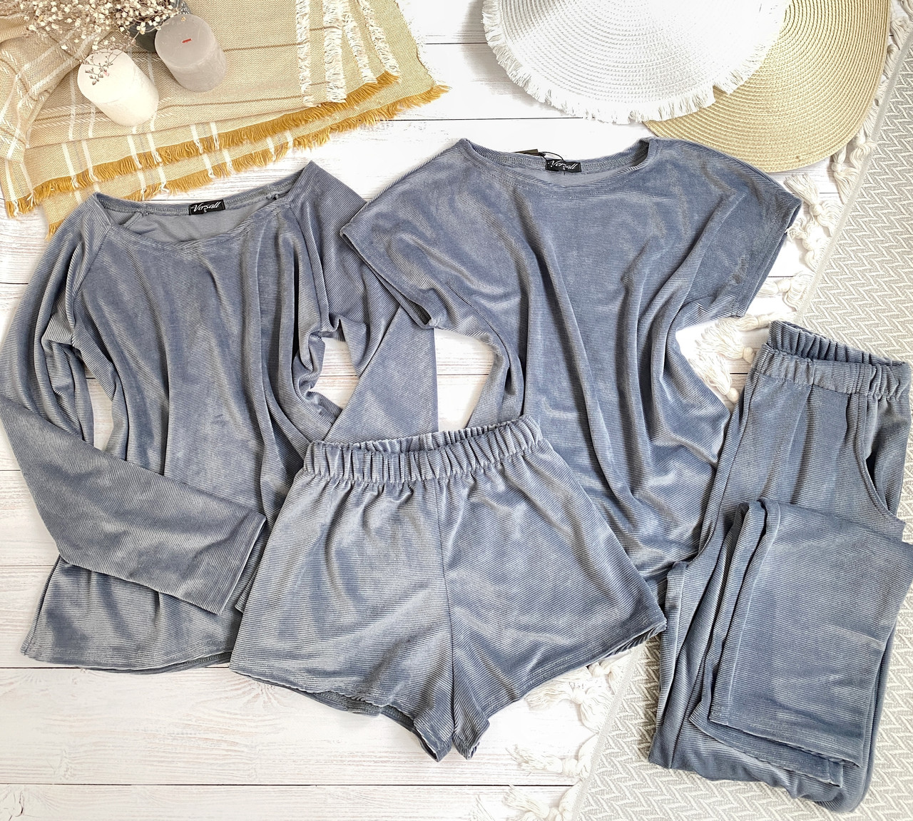 Велюровий комплект четверка: шорти, майка, штани та кофта M сірий