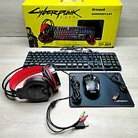 Набір геймера CYBERPUNK 4в1 комплект CP-009 клавіатура, пмиска, навушники та килимок