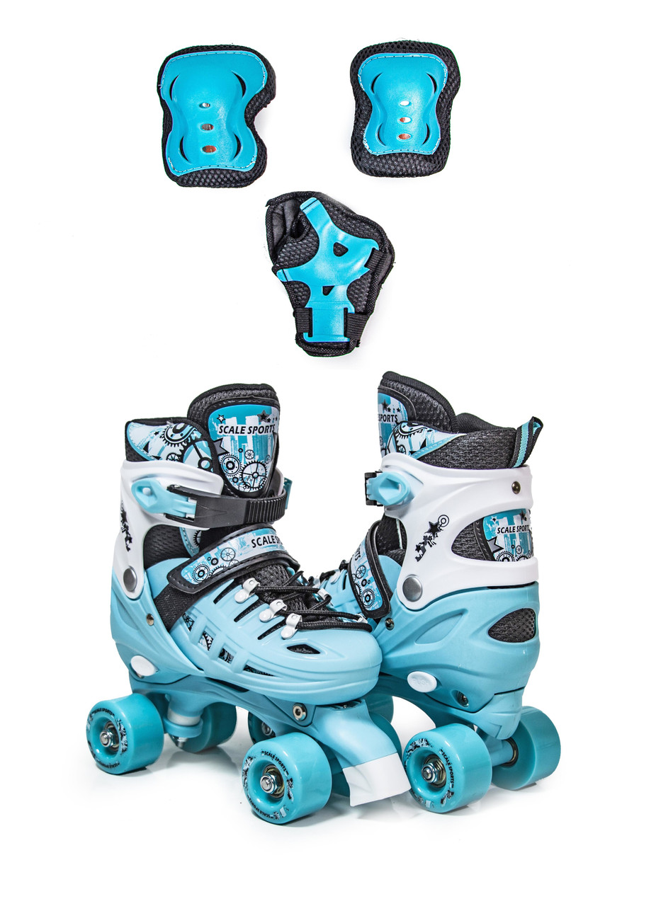 Дитячі ролики-квади із захистом на коліна, лікті та долоні Scale Sports. Бірюзовий колір. Розмір 29-33, фото 1