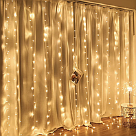 Светодиодная гирлянда штора на окно LED 156 лампочек с коннектором: 2х2м, теплый белый цвет