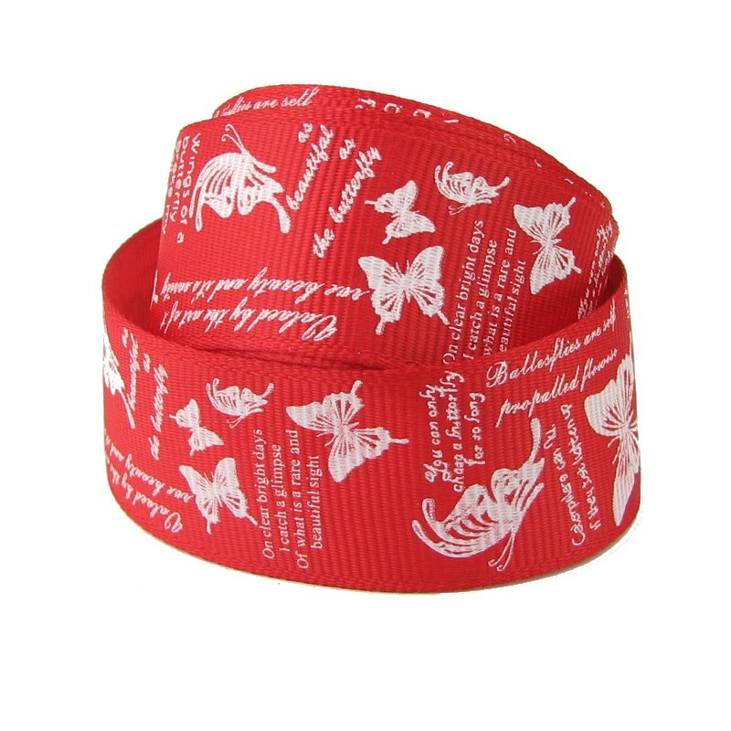 Репсова стрічка з малюнком Метелики 25мм відріз 1м LR25003-2, фото 1