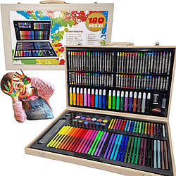 Художній набір для малювання 180 предметів у дерев'яній валізці фломастери олівці дрібні фарби