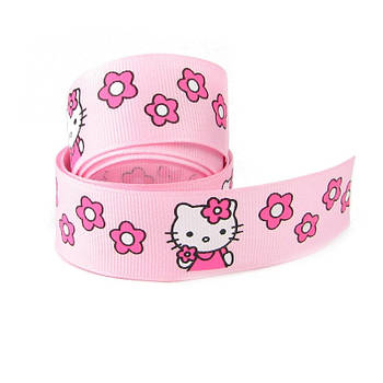 Репсова стрічка з малюнком Хеллоу Кітті 25мм відріз 1м LR25004-1