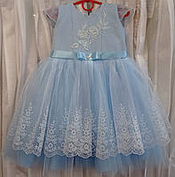 Блестящее голубое нарядное детское платье с коротким рукавчиком и кристаллами Swarovski на 2-3 годика