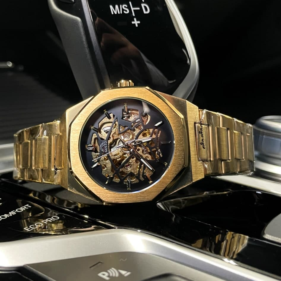 Годинник чоловічий наручний механічний з автопідзаводом золотого кольору металевий Gusto Skeleton, фото 1