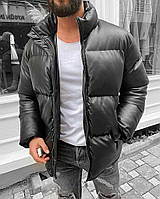 Теплая кожаная куртка мужская из кожзама, черная куртка зимняя на синтепоне Турция M