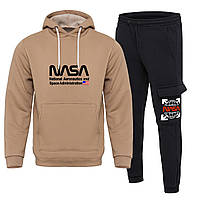 Спортивный костюм nasa мужской зимний с начесом бежевый-черный кофта штаны на флисе наса