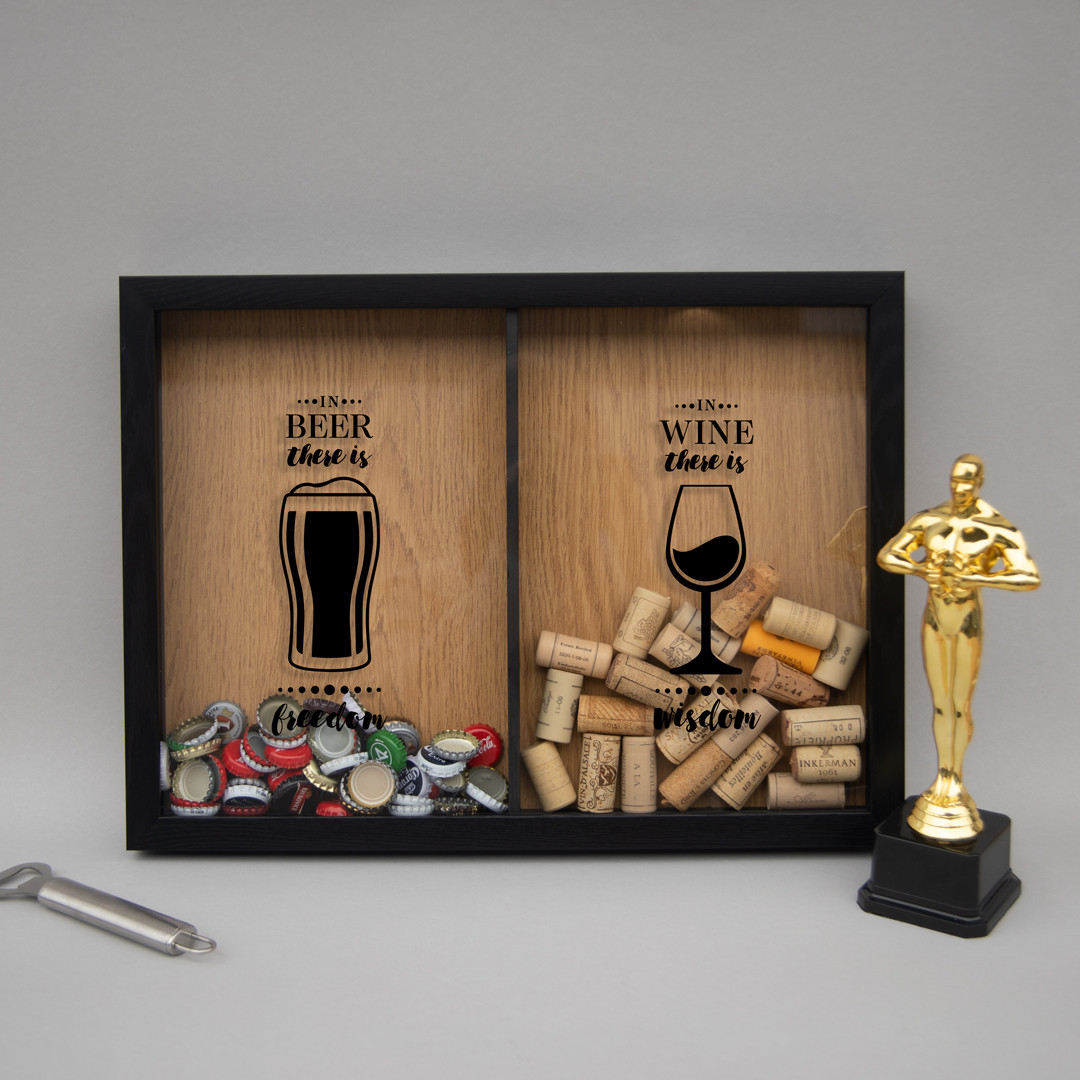 Подвійна рамка скарбничка "Wine wisdom, Beer freedom" для винних пробок та пивних кришок