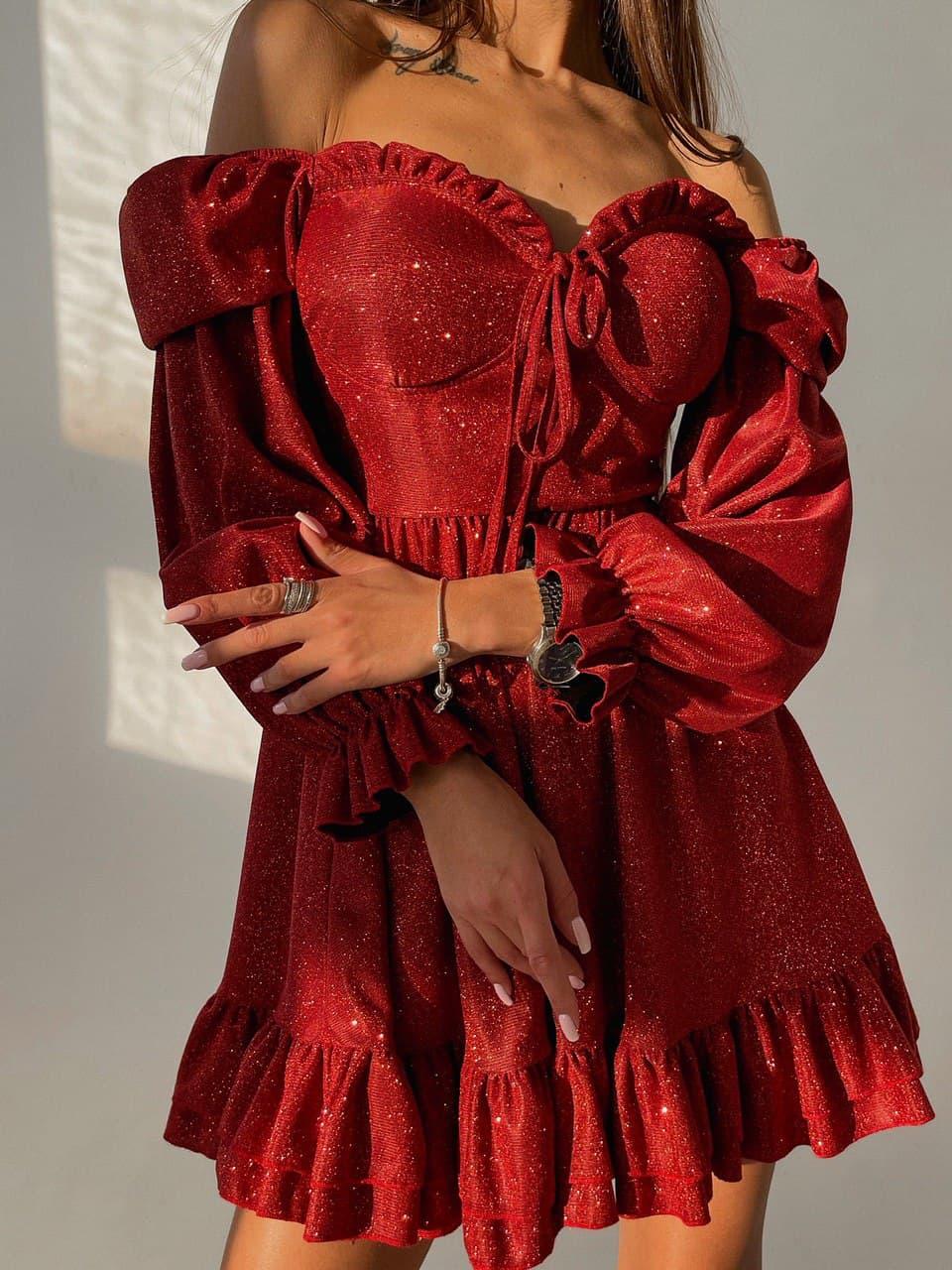Серебристое платье бюстье из люрекса с расклешенной юбкой с оборками и открытыми плечами (р. 42-46) М, Красный - фото 3 - id-p1515918306