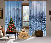 Шторы с 3D принтом на тему: Пейзаж Зимний лес на фоне гор, комплект из 2-х штор