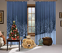 Шторы с 3D принтом на тему: Пейзаж Зимний лес на фоне гор, комплект из 2-х штор