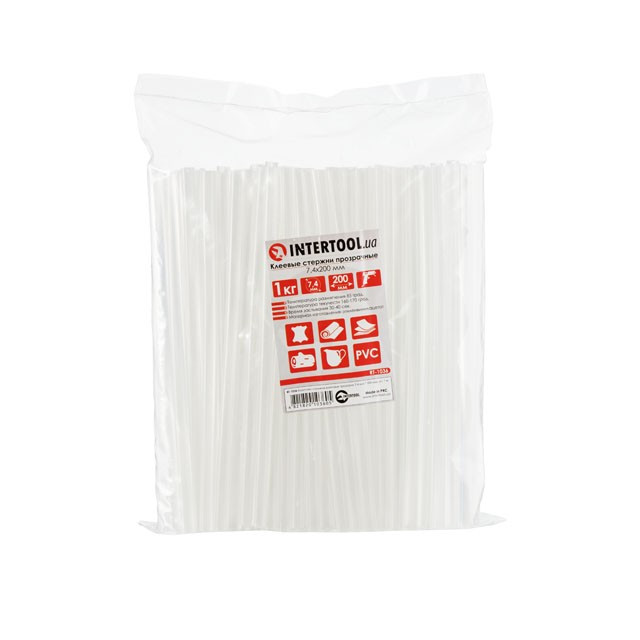 Комплект прозорих клейових стрижнів 7.4 мм*200 мм, пак. 1кг INTERTOOL RT-1036, фото 1